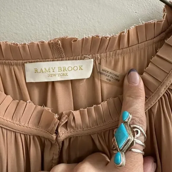 Ramy Brook Emmett Carmel Ruffle Boho Mini Dress Long Sleeve Smocked M Like New - Picture 7 of 9